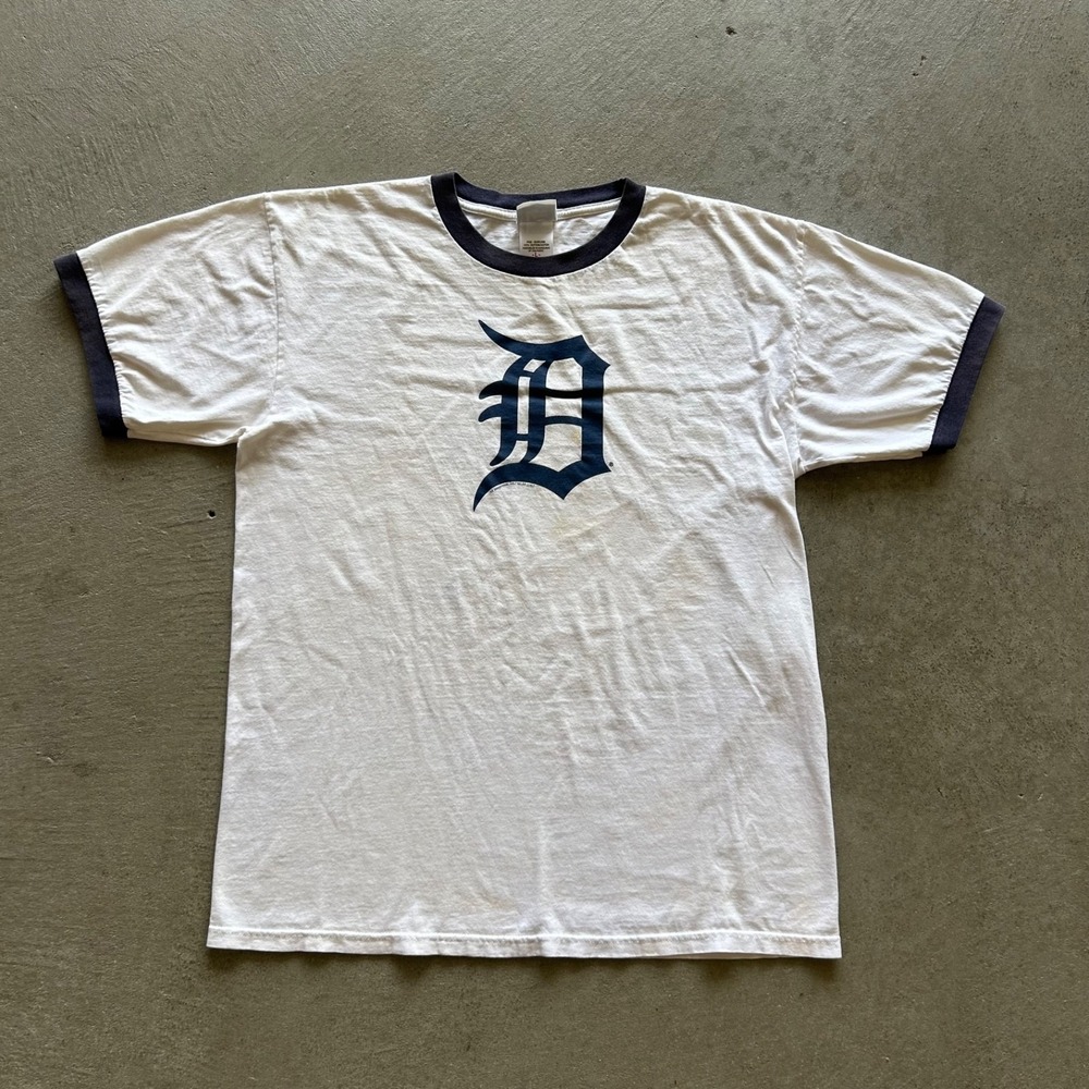 Vintage Detroit Tigers Ringer Shirt Size Large White Navy Blue 2007 MLB Baseball